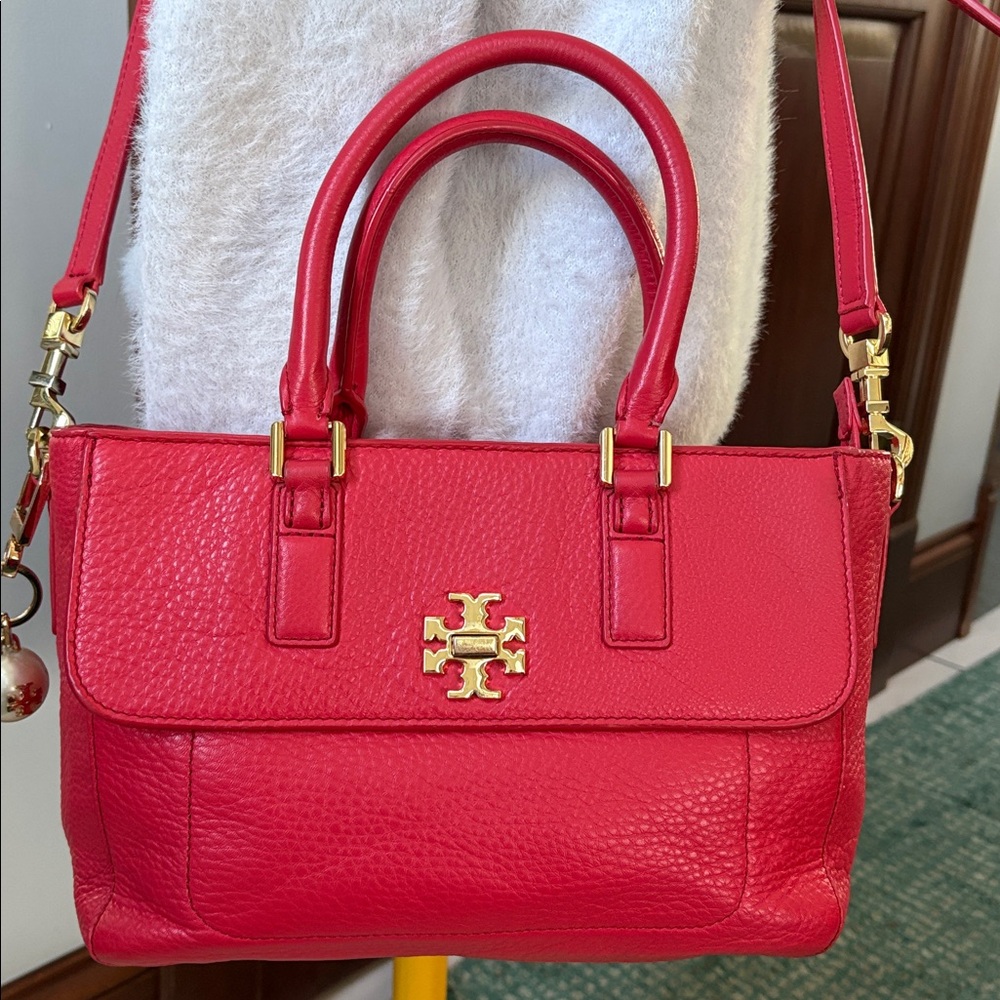 Tory Burch  Satchel  crossbody bag
Pebbled Leather  Red  front pocket, gold tone